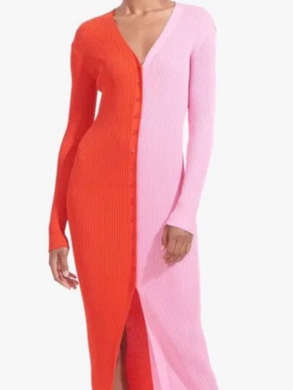 NWT STAUD ShokoTwo-Tone Red and Pink Ribbed Button-Front Maxi Dress - Picture 6 of 6